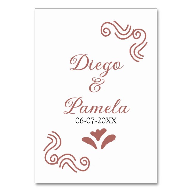 Terracotta black rustic spanish wedding couple en table number (Front)