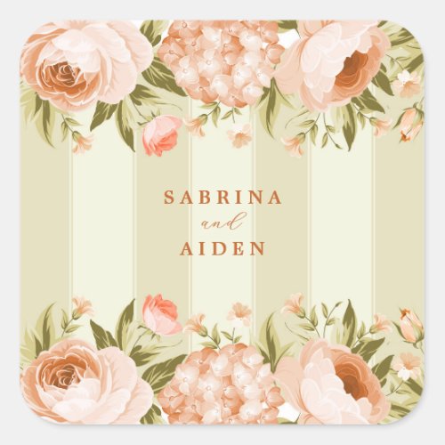 Terracotta Blooming Rose Hydrangea Floral Wedding Square Sticker