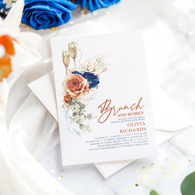 Terracotta & Blue Brunch and Bubbly Bridal Shower Invitation (Navy Blue and Terracotta Bridal Shower Invitations)