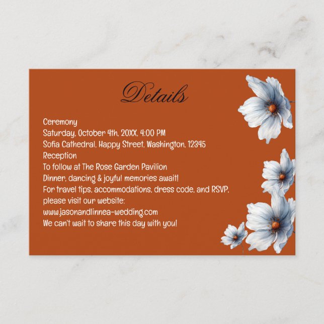 Terracotta Blue Floral Chic Anemone Autumn Wedding Enclosure Card (Front)