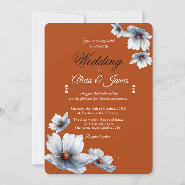 Terracotta Blue Floral Chic Anemone Autumn Wedding Invitation (Front)