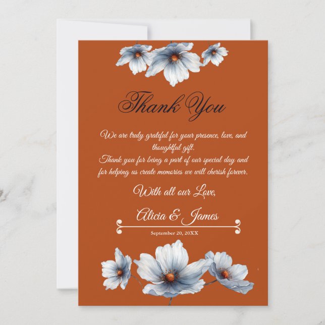 Terracotta Blue Floral Chic Anemone Autumn Wedding Thank You Card (Front)
