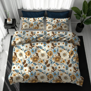 Terracotta Blue Flowers Opulent Bohemian Style  Duvet Cover