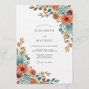 Terracotta Blue Painterly Flora Wedding Invitation