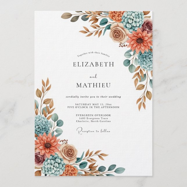 Terracotta Blue Painterly Flora Wedding Invitation (Front)
