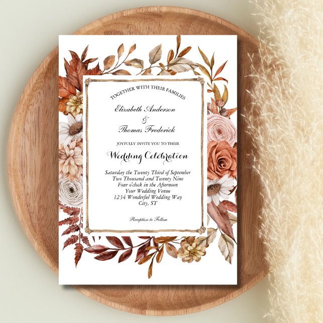 Terracotta Blush Boho Floral Botanical Wedding Invitation (Terracotta Blush Cream Boho Botanical Fall Autumn Wedding Invitation)