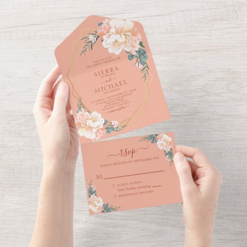 Terracotta Blush Gold Peach Cream Floral Wedding All In One Invitation