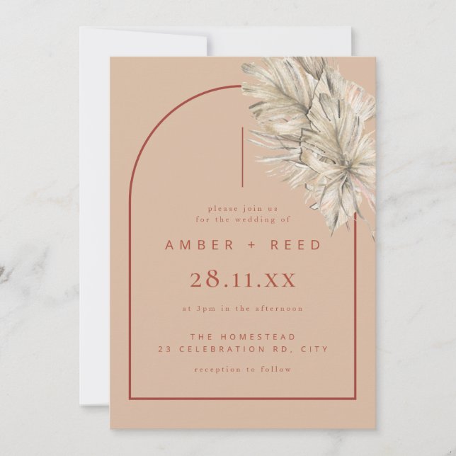 Terracotta & Blush Modern Arch Palm Leaf Wedding Invitation (Front)