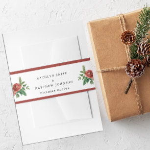 Terracotta Blush Pink Floral Pine Winter Wedding Invitation Belly Band