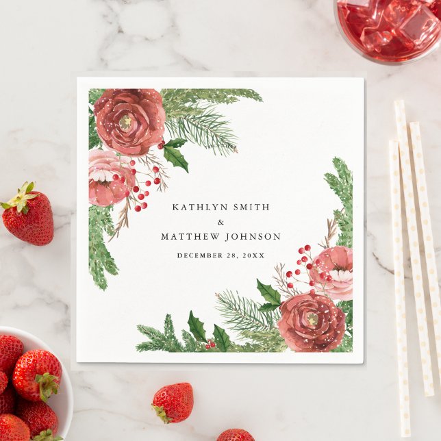 Terracotta Blush Pink Floral Pine Winter Wedding Napkins (Creator Uploaded)