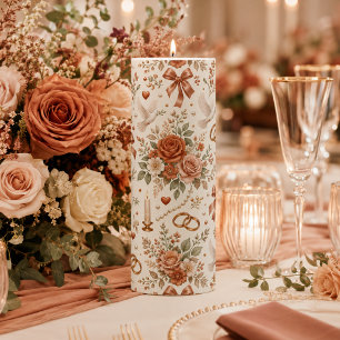 Terracotta Blush Rose Dove Romantic Wedding Pillar Candle