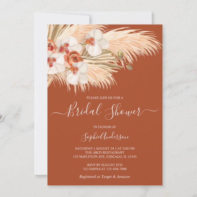 Terracotta Bohemian Pampas Grass Bridal Shower Invitation (Front)