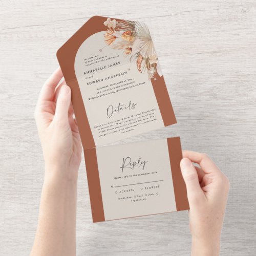 terracotta bohemian pampas grass wedding all in on all in one invitation
