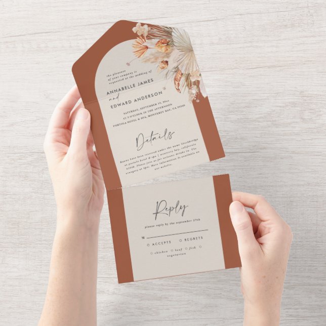 terracotta bohemian pampas grass wedding all in on one invitation (Tearaway)