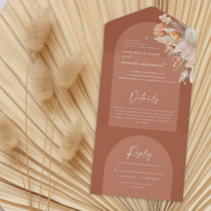 terracotta bohemian pampas grass wedding all in on one invitation
