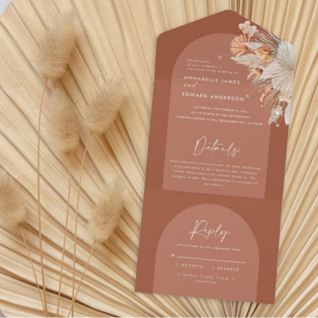 terracotta bohemian pampas grass wedding all in on one invitation (Creator Uploaded)