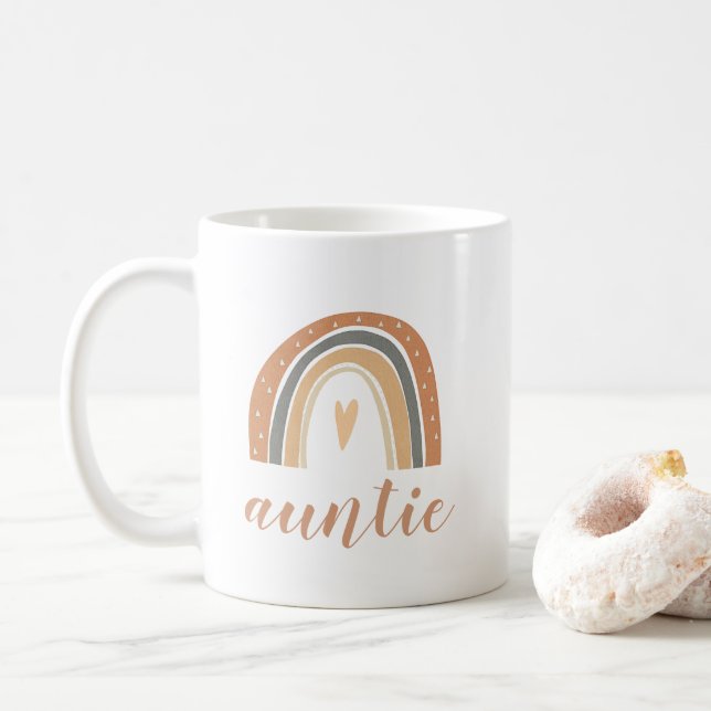 Terracotta Bohemian Rainbow Cute Auntie Script Coffee Mug (With Donut)