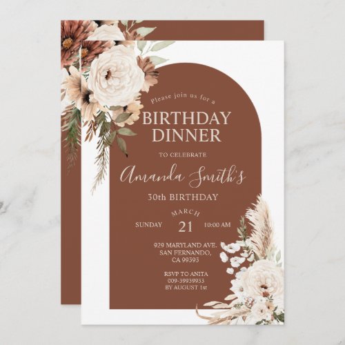 Terracotta Boho Arch Floral Birthday 30th Dinner Invitation