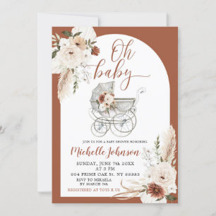 Terracotta Boho Arch Floral Stroller Baby Shower Invitation