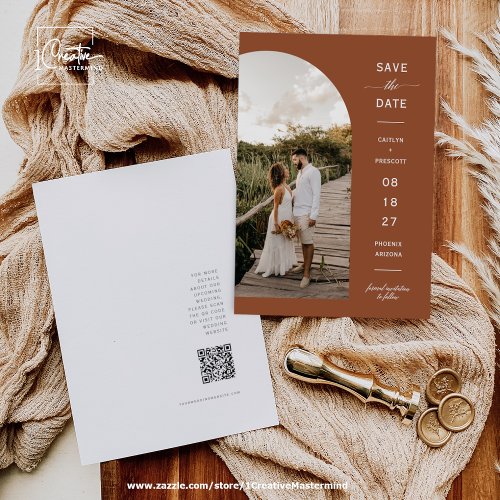 Terracotta Boho Arch Photo QR Code Save the Date Invitation