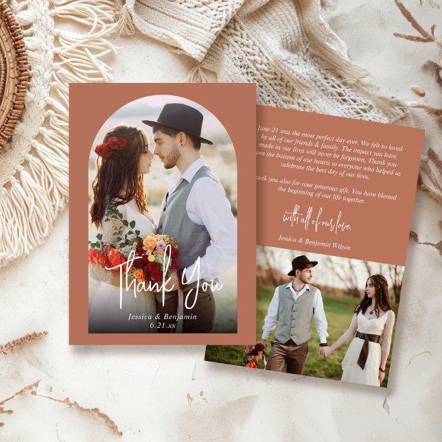 Terracotta Boho Arch Photo Wedding Thank You Card (Creator Uploaded)