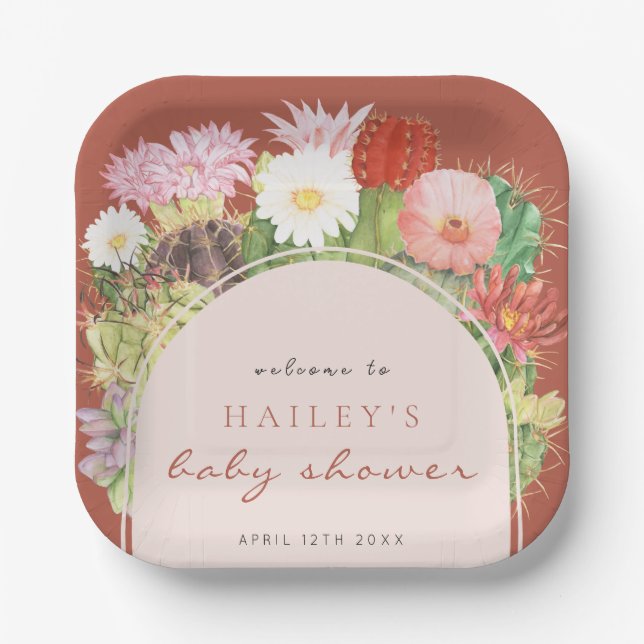 Terracotta Boho Bloom Cactus Baby Shower Paper Plates (Front)