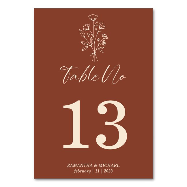 Terracotta Boho Botanical Signature Floral Table Number