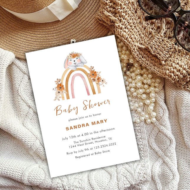 Terracotta Boho Bunny Rainbow Floral Baby Shower Invitation (Terracotta Boho Bunny Rainbow Floral Baby Shower Invitation)