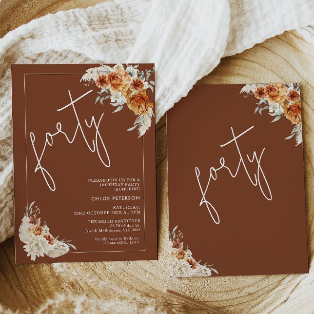 Terracotta Boho Burnt Orange Floral 40th Birthday Invitation (Terracotta 40th birthday invitation featuring two burnt orange floral arrangements with palm leaves)