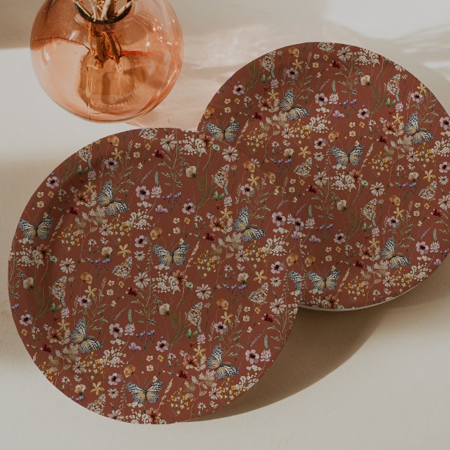 Terracotta Boho Butterflies Paper Plates (Terracotta Boho Floral Butterflies Paper Plates by Painted Paperie
)