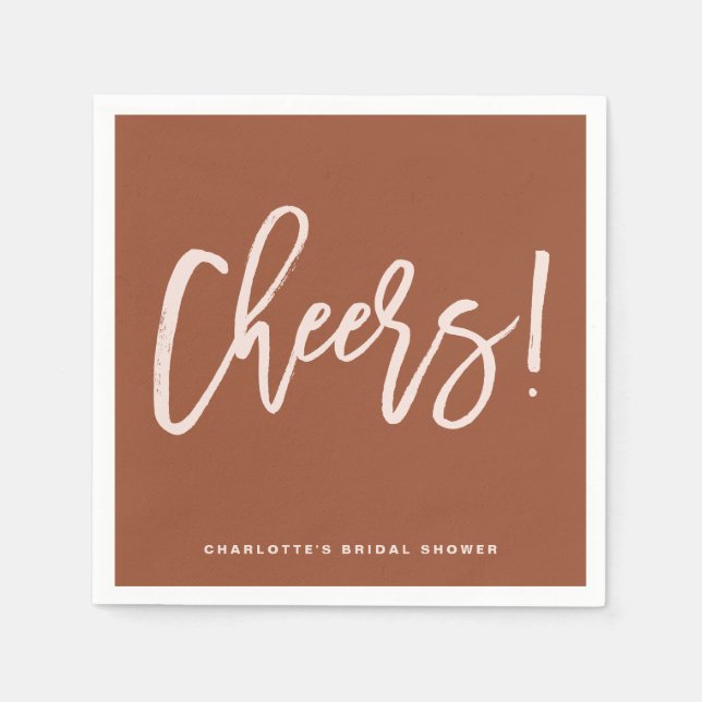 Terracotta Boho Cheers Calligraphy Bridal Shower Napkins (Front)