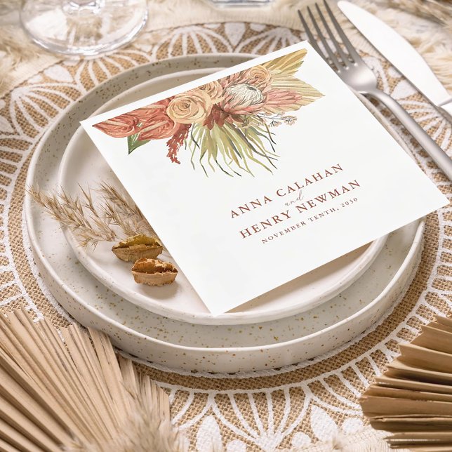 Terracotta Boho Dried Floral Pampas Grass Wedding  Napkins (Creator Uploaded)