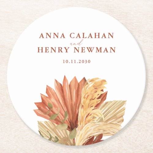 Terracotta Boho Dried Floral Pampas Grass Wedding  Round Paper Coaster