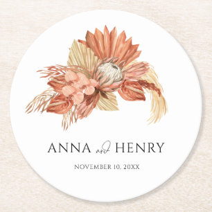 Terracotta Boho Dried Floral Pampas Grass Wedding Round Paper Coaster