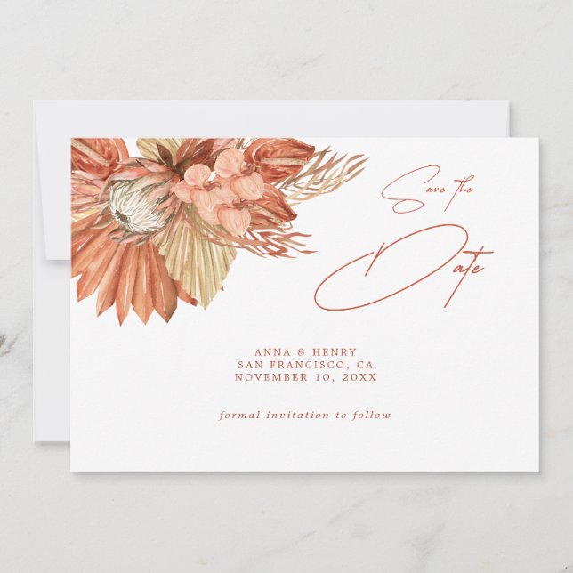Terracotta Boho Dried Floral Pampas Save The Date  (Front)