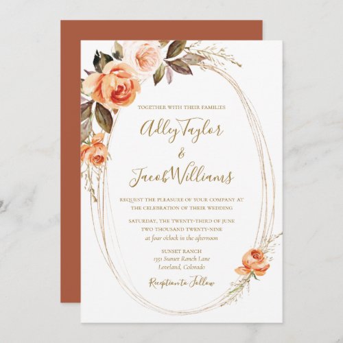 Terracotta Boho Fall Floral Burnt Orange Wedding Invitation