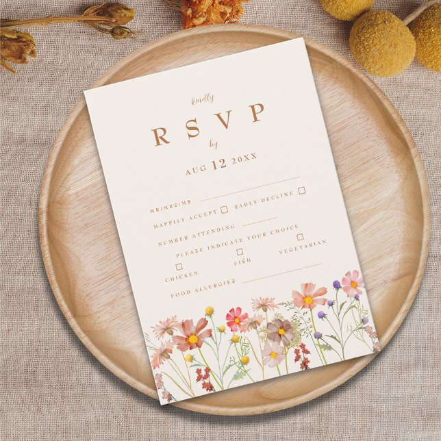 Terracotta Boho Fall Floral Meal Options RSVP Card (Boho fall wildflower wedding rsvp card with autumn watercolor florals and elegant terracotta script)
