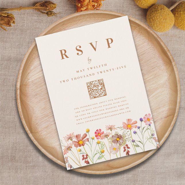 Terracotta Boho Fall Floral Meal Options RSVP Card (Wildflower boho fall Wedding rsvp card with website qr code terracotta burnt orange beige autumn )