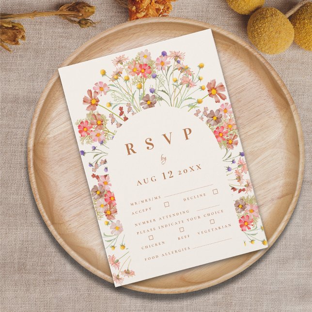 Terracotta Boho Fall Floral Meal Options RSVP Card (Boho fall wildflower floral arch wedding RSVP card terracotta burnt orange beige modern elegant)