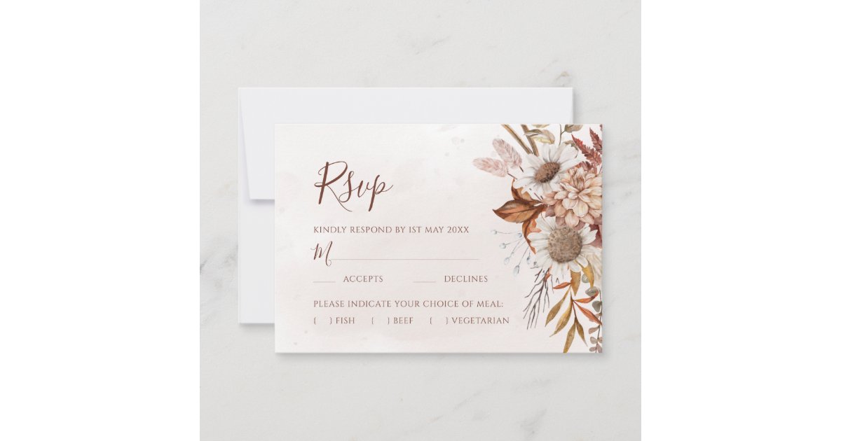Terracotta Boho Fall Floral Meal Options Wedding RSVP Card Zazzle