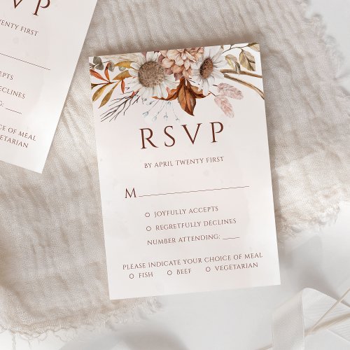 Terracotta Boho Fall Floral Meal Options Wedding RSVP Card