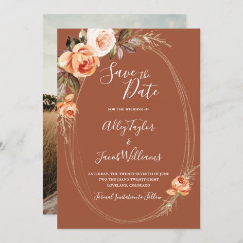 Terracotta Boho Fall Floral Photo Wedding Save The Date