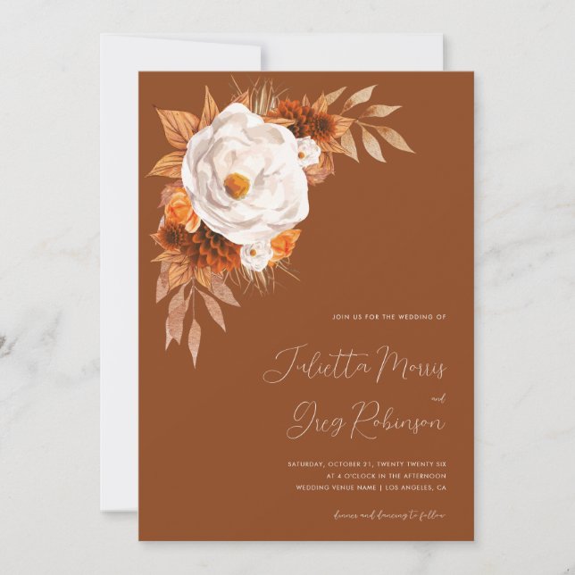 Terracotta Boho Fall Floral QR Code Photo Wedding Invitation (Front)