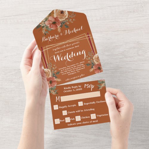 Terracotta Boho Fall Floral Watercolor Wedding All All In One Invitation