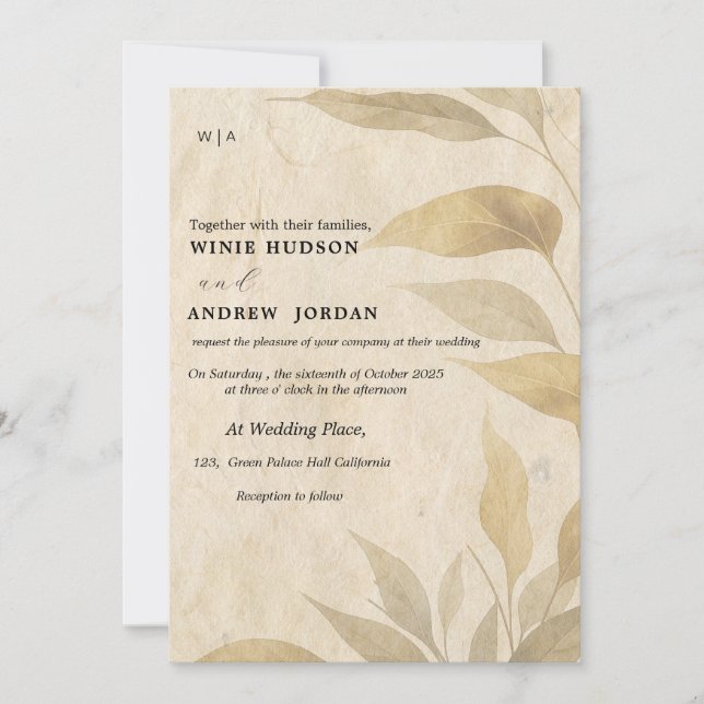 Terracotta Boho fall foliage wedding invitation  (Front)