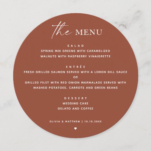 Terracotta boho fall minimalist wedding circle menu