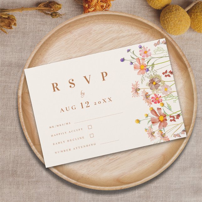 Terracotta Boho Fall Wildflower Floral Wedding RSVP Card (Boho fall Wildflower Wedding rsvp card watercolor autumn florals beige terracotta burnt orange )