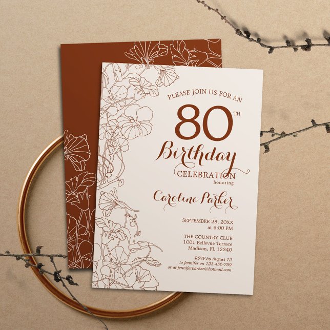Terracotta Boho Floral 80th Birthday Party Invitation (Creator Uploaded)