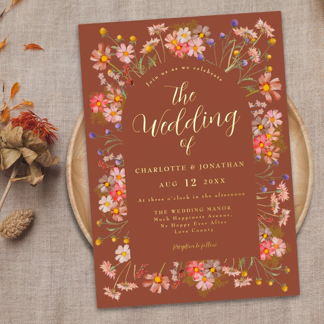Terracotta Boho Floral Arch Fall Wedding Gold Foil Invitation (Burnt orange terracotta boho floral arch fall elegant gold foil script wedding invitation)