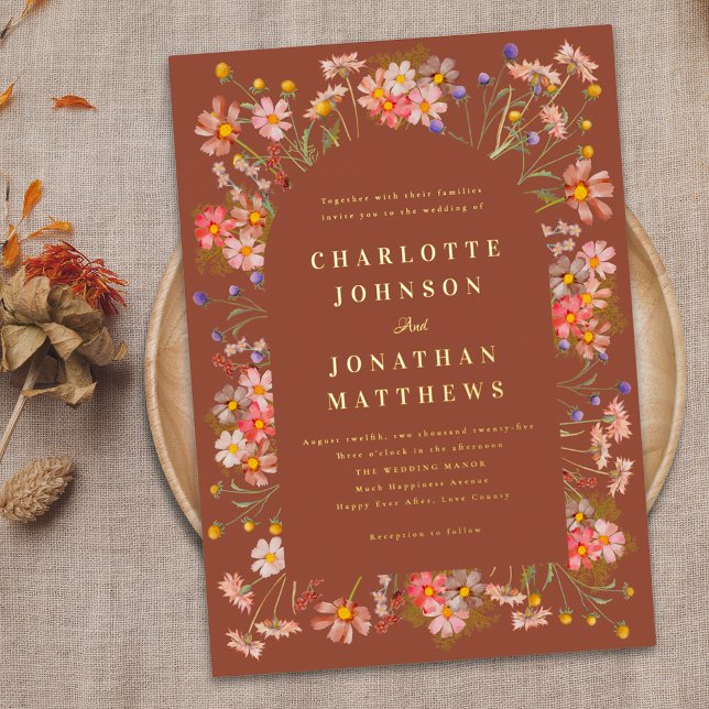 Terracotta Boho Floral Arch Fall Wedding Gold Foil Invitation (Burnt orange terracotta boho floral arch elegant gold foil fall wedding invitation Watercolor flower)